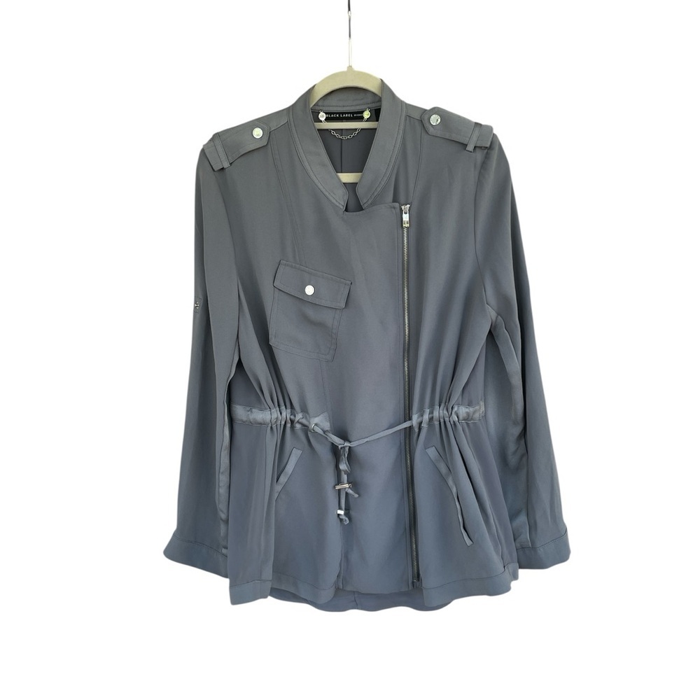 Chico’s Jacket Gray Top Moto Utility Sheer Back Drawstring Size 1 /M Black Label